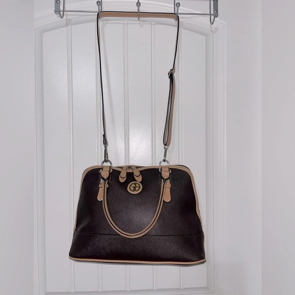GIANI BERNINI Safiano Dome Satchel, Dark Brown and Tan, includes adjst. Strap - Picture 2 of 15